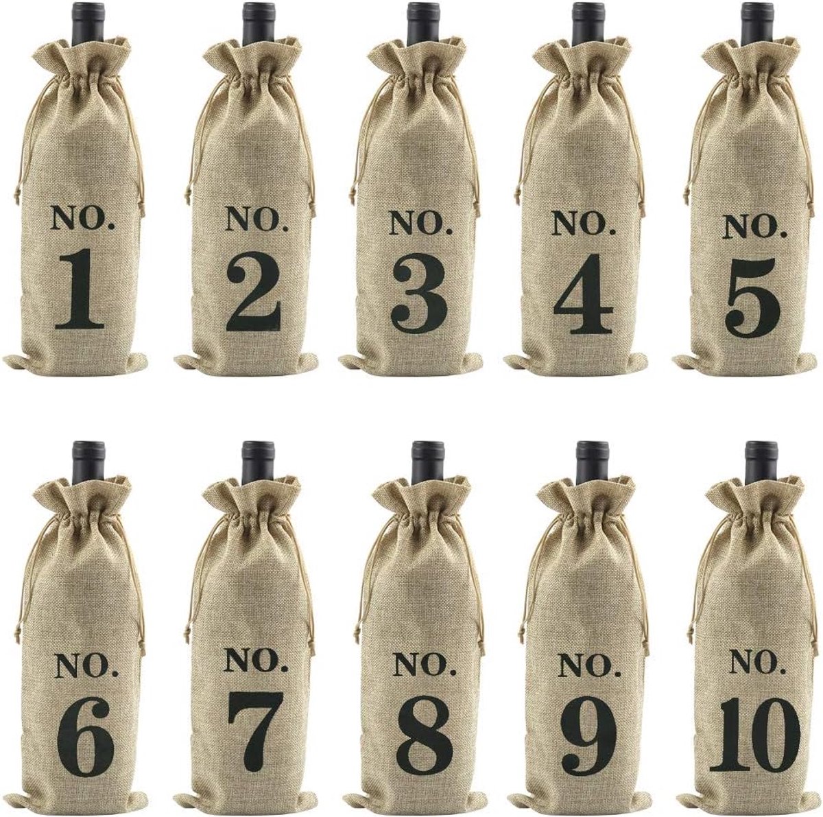 SnelShoppen - 10 Stuks Jute Wijn Tassen Herbruikbare Wijnfles Geschenkzakken met Treksluiting Genummerde Fleszakken Set voor Wijnfles Opberging en Bli