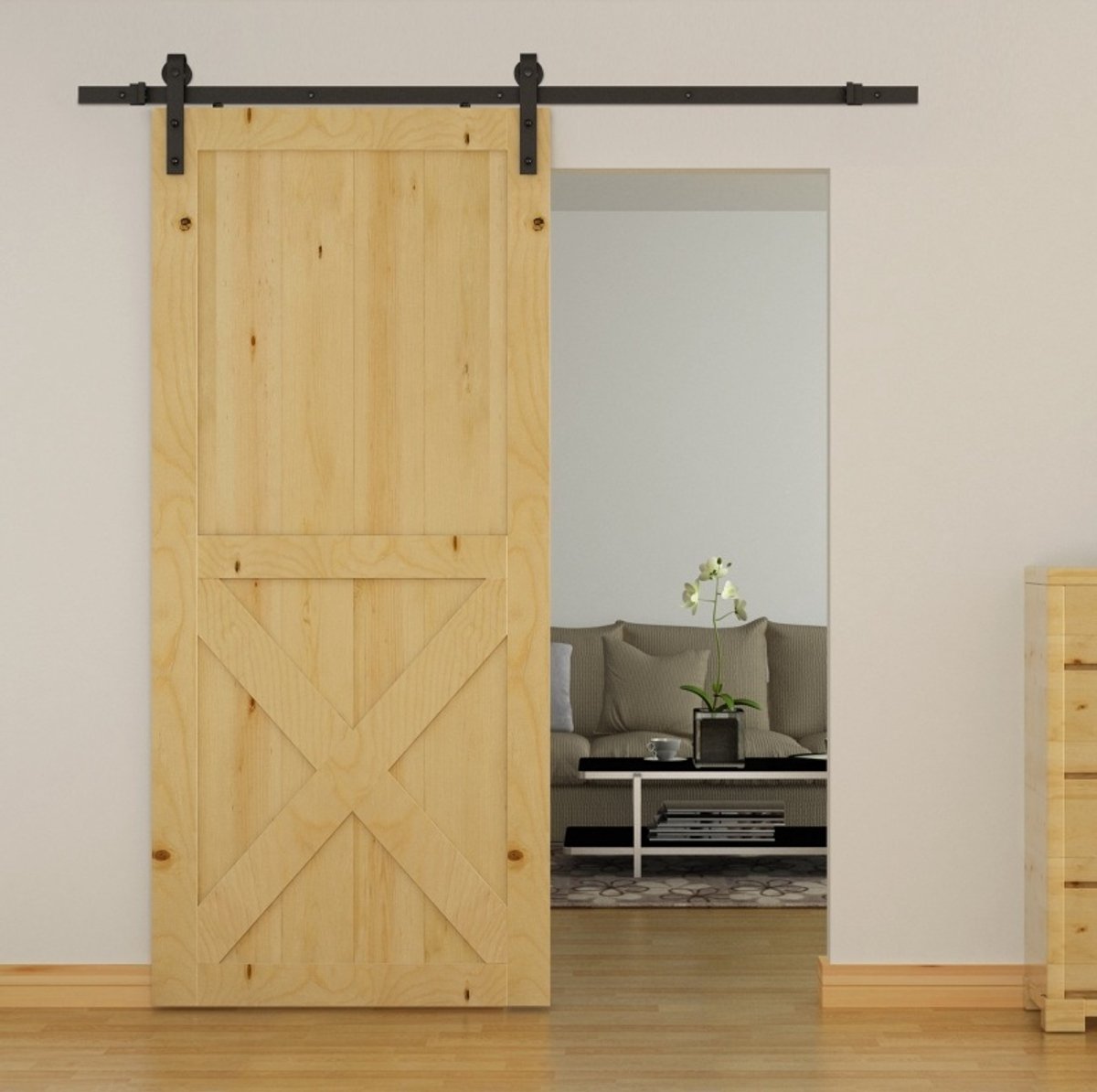 COVREO Schuifdeurbeslag 200 cm – zwart staal, tot 100 kg, voor houten deuren
