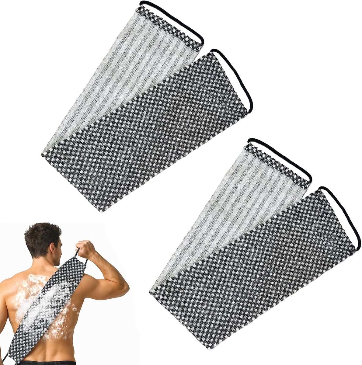 SnelShoppen - Set van 2 Japanse Peelinghanddoeken 85 cm - Dubbelzijdige Exfoliërende Badspons met Handgrepen - Zwart Uniseks voor Grondige Huidreinigi