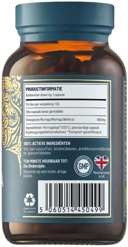 Bruine fles met blauw etiket met gouden ornamenten en productinformatie in het Nederlands. Bevat 120 plantaardige capsules.