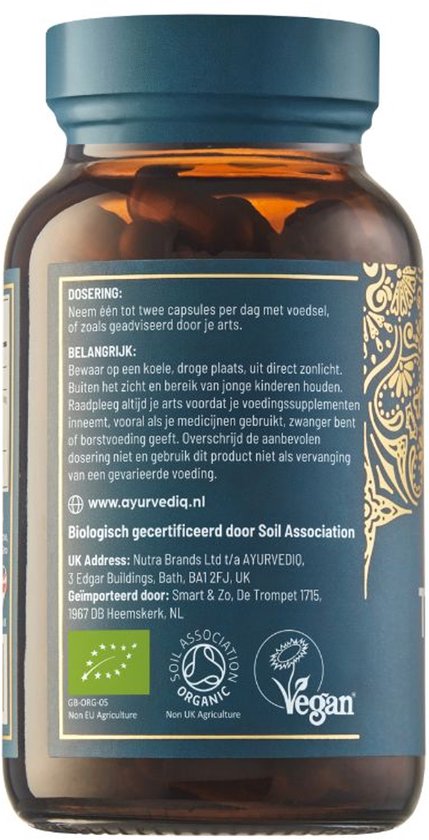 Achterkant fles, biologisch gecertificeerd door Soil Association, met dosering en belangrijke informatie.