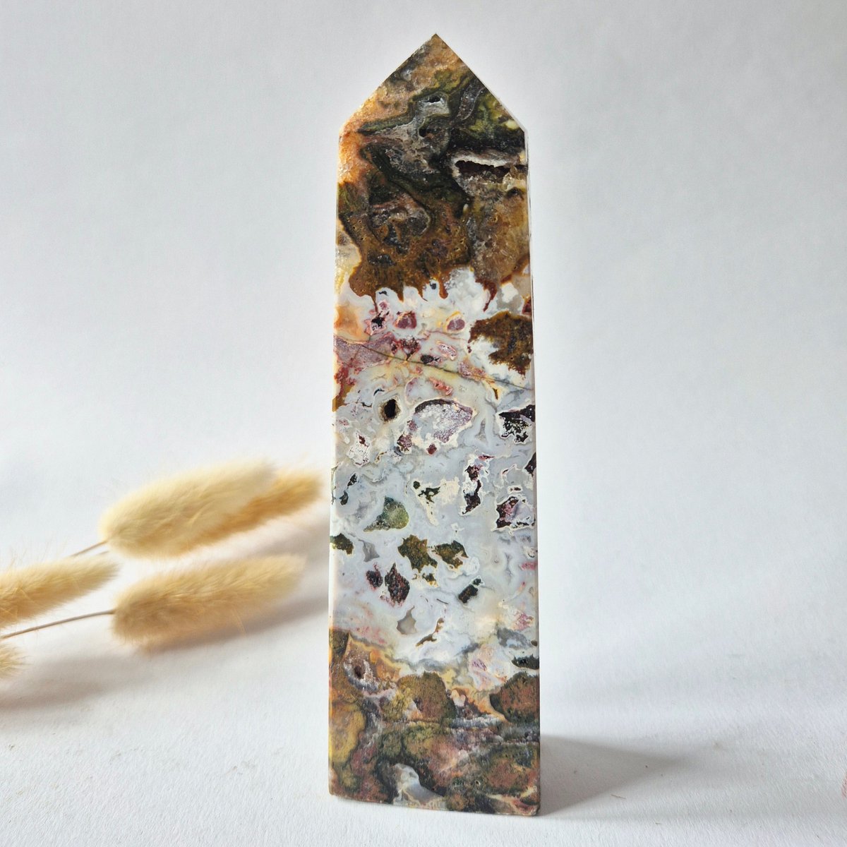 Oceaan Jaspis Toren 300 gram – Unieke Edelsteen met Druzy