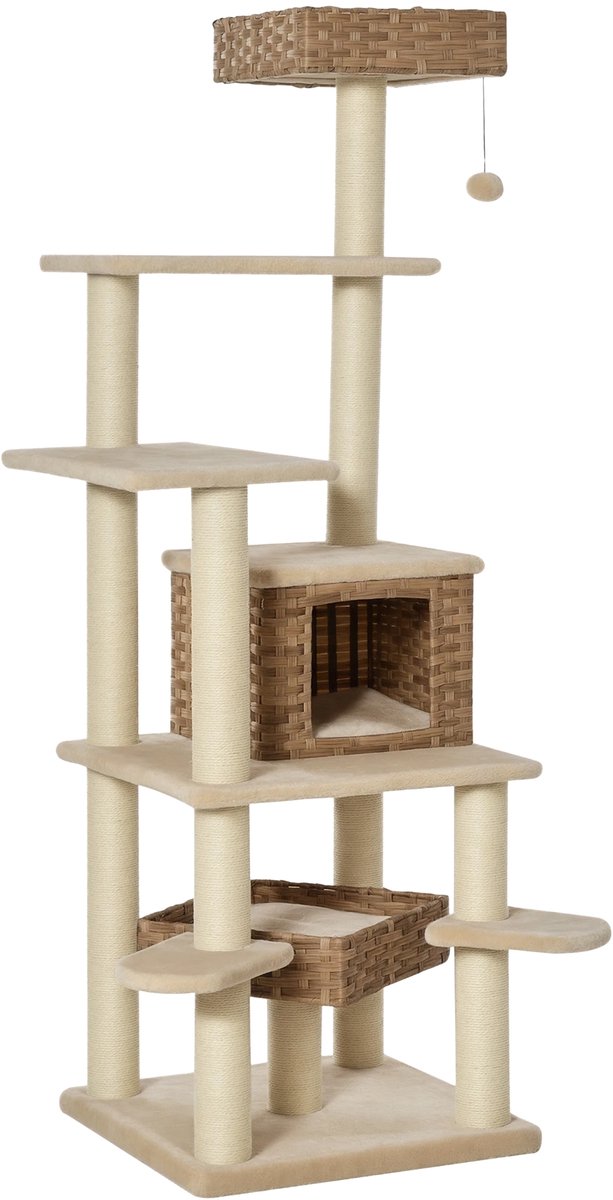 Krabpaal met Katten Cave – Meerdere Verdiepingen Rotan Kattenboom – Beige