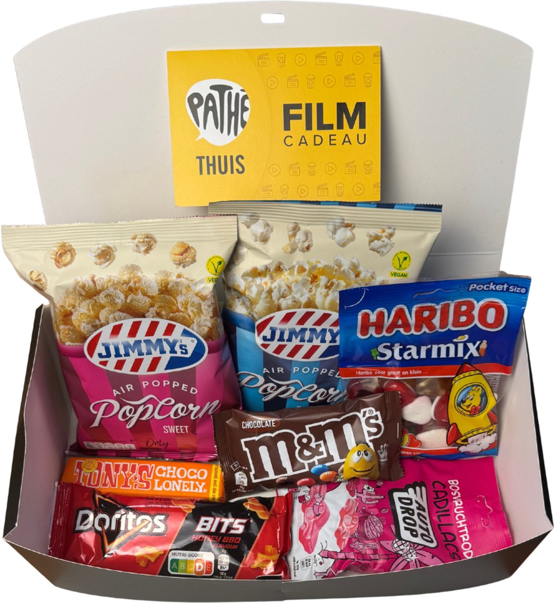 Filmpakket XL Classic – Cadeaupakket NietMokken® met Pathé Thuis Film Cadeaukaart t.w.v. €5,99, Popcorn, Snoep, Chocolade & Chips – Luxe Filmavond Cadeau - Snackpakket Met Cadeauverpakking - Voor Verjaardag, Moederdag of Vaderdag