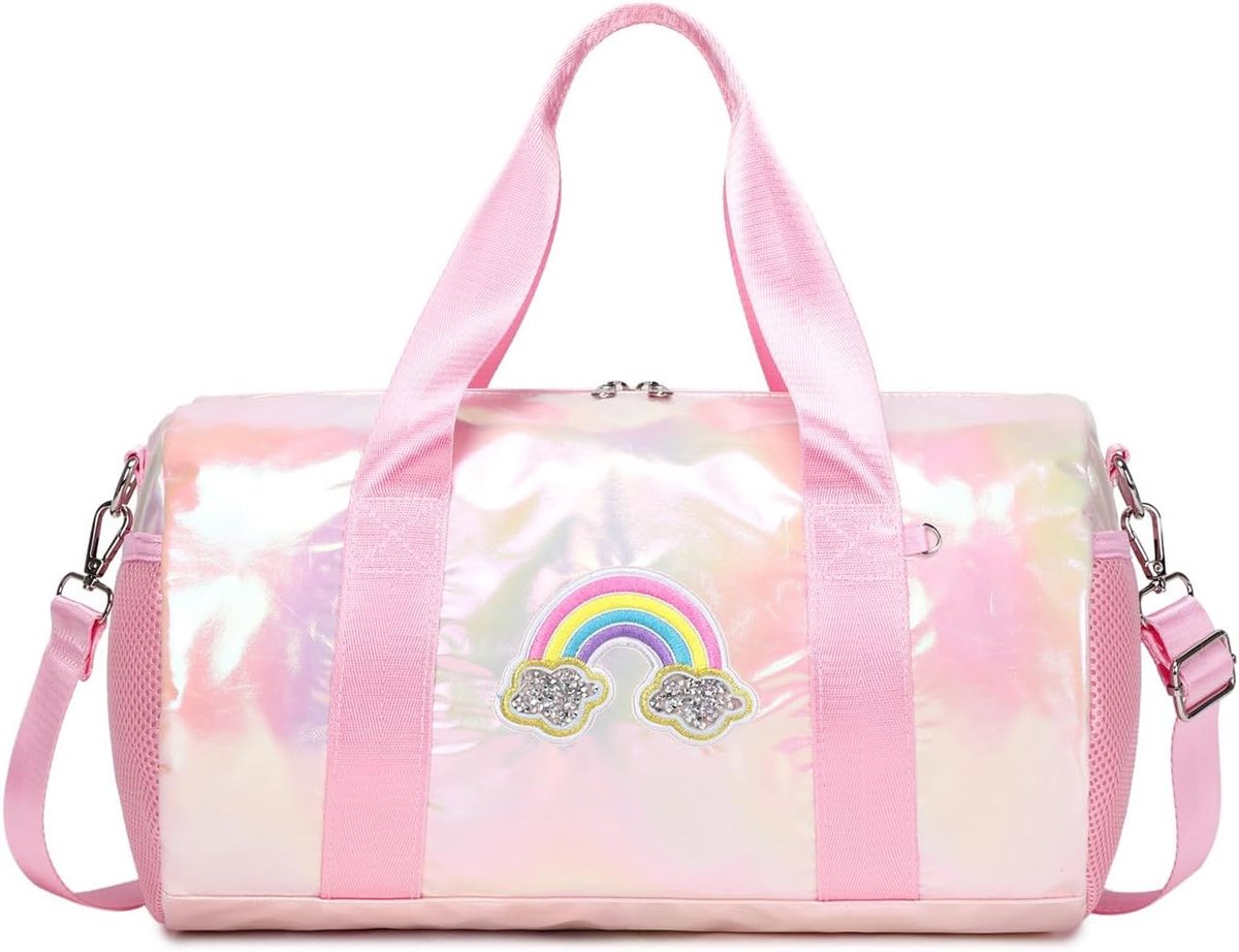 SnelShoppen - Gymtas voor Meisjes - Dans Tas, Ballet Tas, Sporttas, Weekend Tas en Duffle Bag voor Kinderen - Roze Regenboog, Reis Duffle