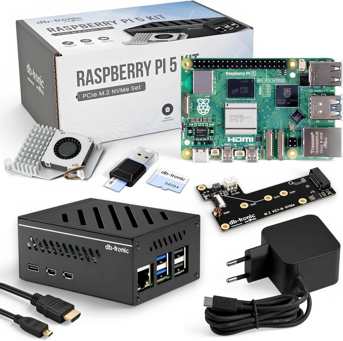 SnelShoppen - Raspberry Pi 5 NVMe Kit 8GB RAM - 64GB SSD - Actieve Koeling - Metalen Behuizing - 4K Micro HDMI - Perfect voor Smart Home en Home Assis