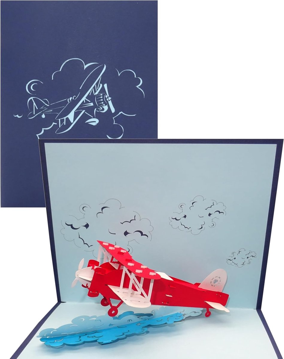 SnelShoppen - Pop Up 3D Kaart Airplane - Vliegtuig Kaart, Reis Voucher, Verjaardagskaart, Handgemaakte 3D Kaart, 15x20 cm, Originele Wenskaart voor Fe