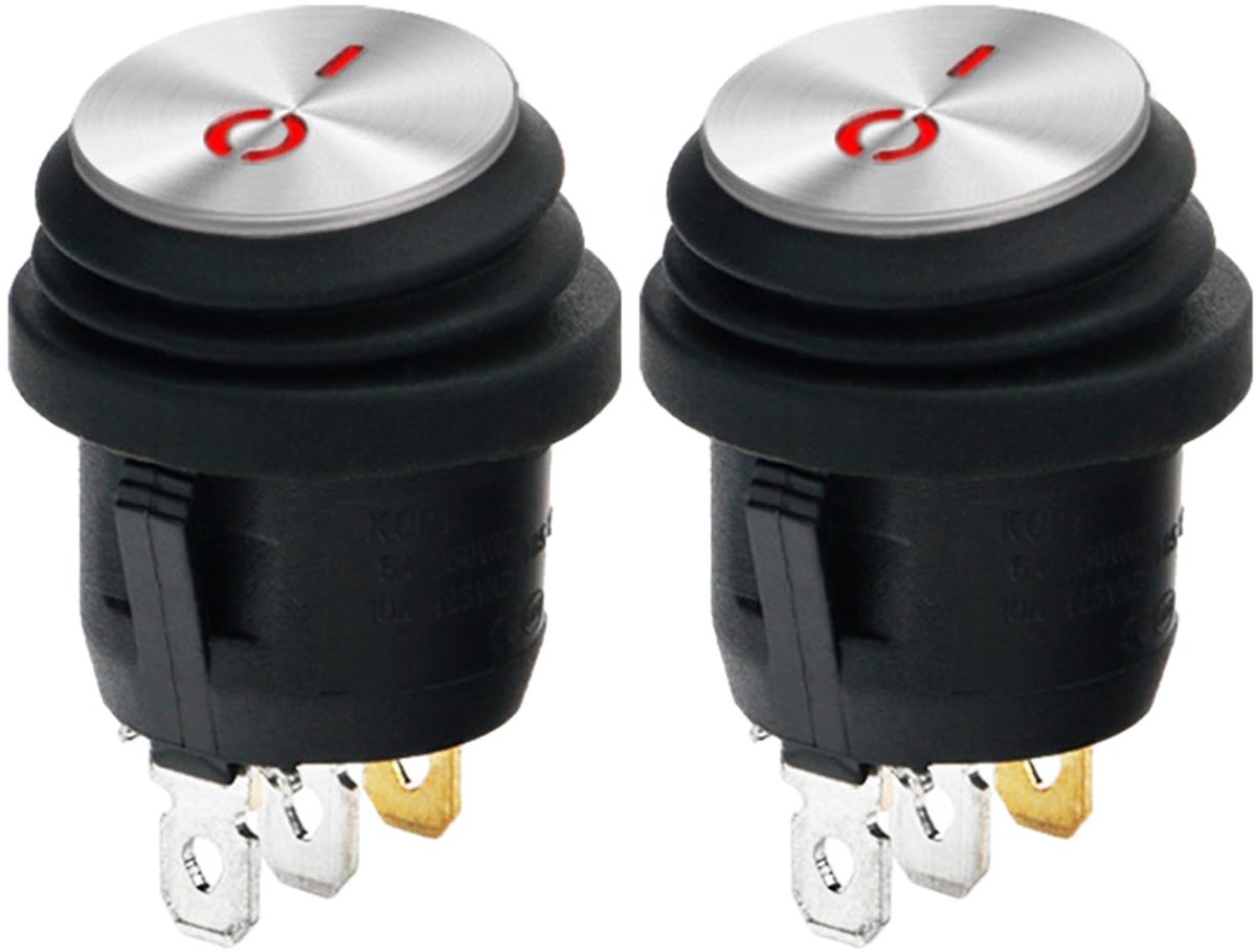 SnelShoppen - 2x RVS Waterdichte Rocker Switch 12V met Rode Lamp, Rond Zelfvergrendeling 3 Polige Schakelaar, 6A/12V Geschikt voor Huizen, Auto's en E