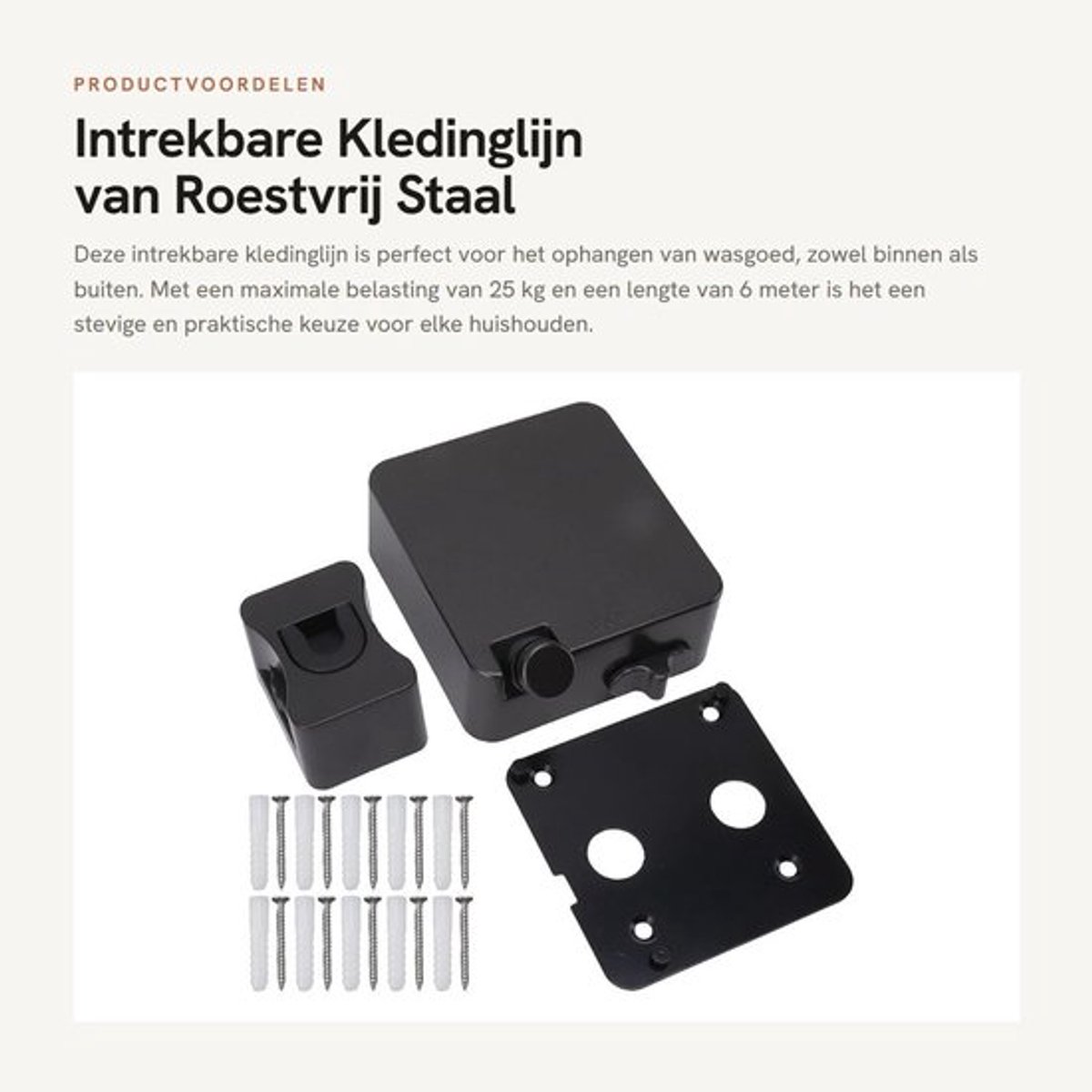 Kledinglijn Intrekbaar - Roestvrij Staal - 6m Lengte - 25kg Belasting - Eenvoudige Installatie - Geschikt voor Binnen/Buiten - Waslijn