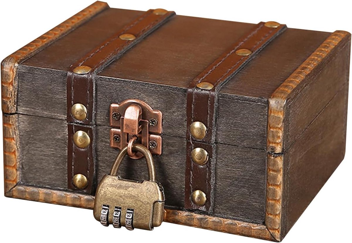 SnelShoppen - Vintage Houten Schatkist met Slot - Kinderen Verjaardag Mini Schatkist voor Opslag en Decoratie - 15 x 12 x 7.5 cm - Duurzaam en Milieuv