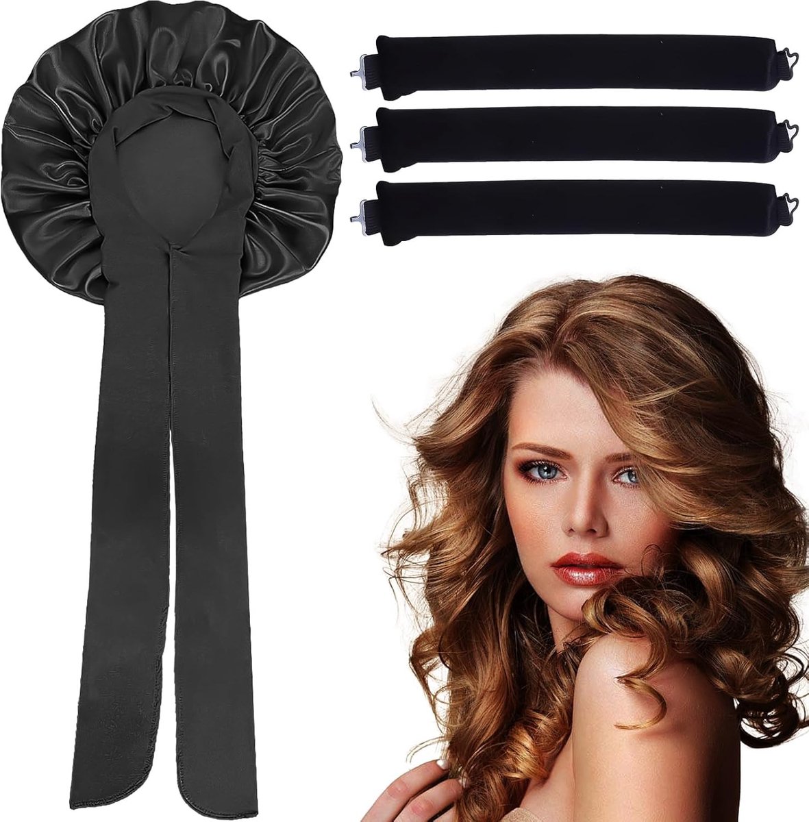 SnelShoppen - 3 Pcs Heatless Curls Band en Zijden Slapenkap, Warmtevrije Krullers voor Nacht en Blowout, Zachte Satijnen Slapenkap voor Alle Haartypes