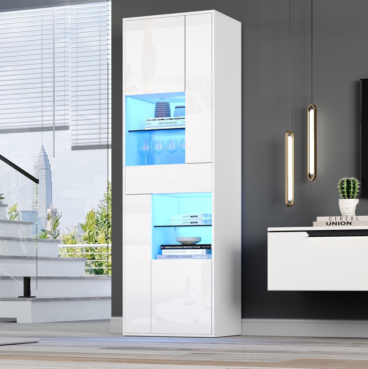 COVREO Buffetkast 55 x 38 x 170 cm – wit, hoogglans voorzijde, 1 lade en LED-verlichting