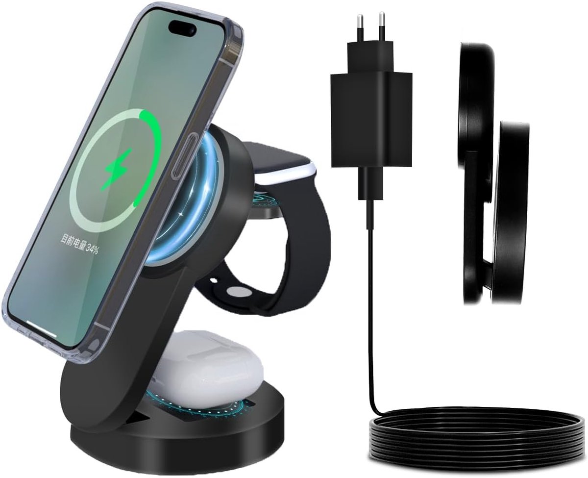 SnelShoppen - 3-in-1 Oplaadstation voor iPhone, Vouwbaar, 15W Snellader, Draagbaar, Zwart, Geschikt voor Thuis, Kantoor, Reizen