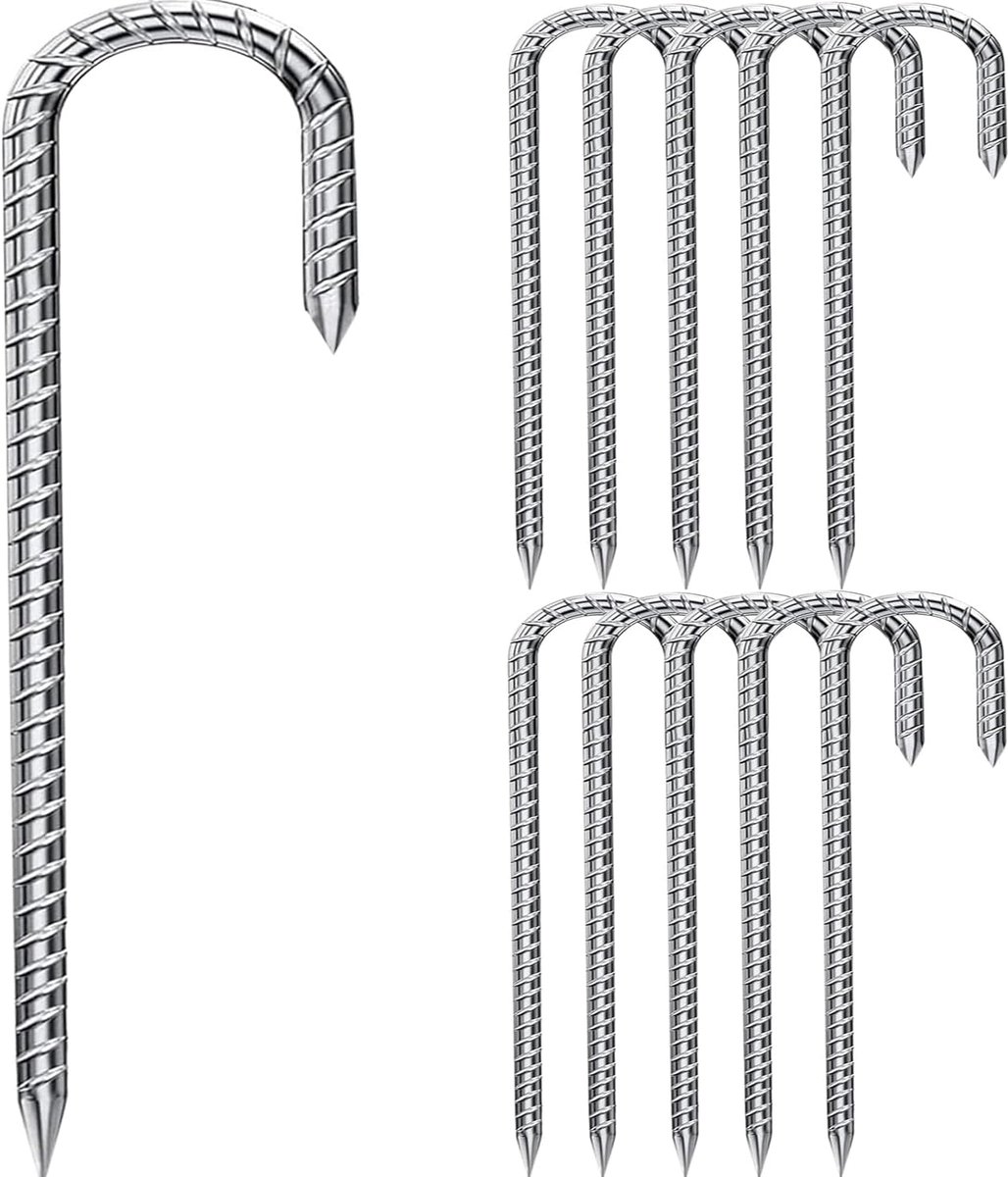 SnelShoppen - Ground Anchors 14 Stuks 30 cm Gegalvaniseerd Staal - J-Haak Grondpalen voor Trampoline, Tuin, Camping, Versterkingsstaven, Tent Haringen