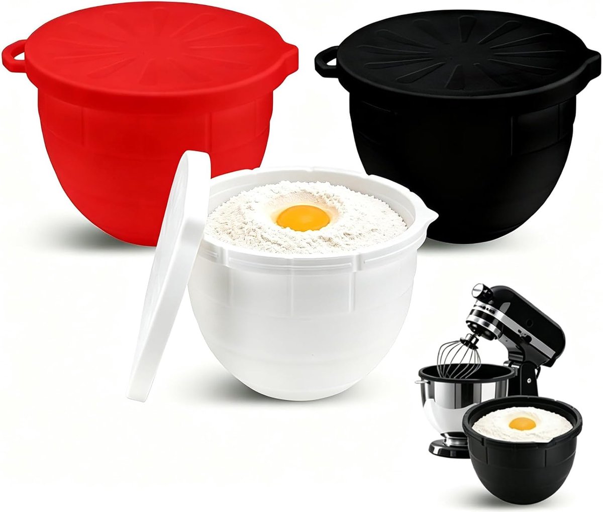SnelShoppen - Siliconen kominzetstuk met deksel voor 5 Qt standmixer, BPA-vrij, vaatwasmachinebestendig, krasbestendig, antislip, set van 3 (rood/zwar