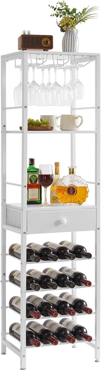 SnelShoppen - Vrijstaand Wijnrek met Glashouder en Opbergruimte - Wit - 4 Laags Barmeubel voor Dranken en Glazen - Modern Ontwerp voor Keuken, Woonkam