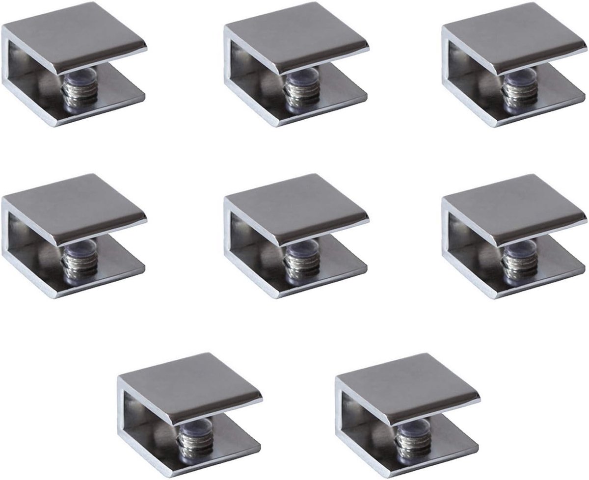 SnelShoppen - Glass Clamp Set van 8, Glazen Plank Steunen, Verstelbaar voor Dikte 6-10 mm, Chroom Gepolijst, Wandmontage voor Glazen en Houten Vloeren