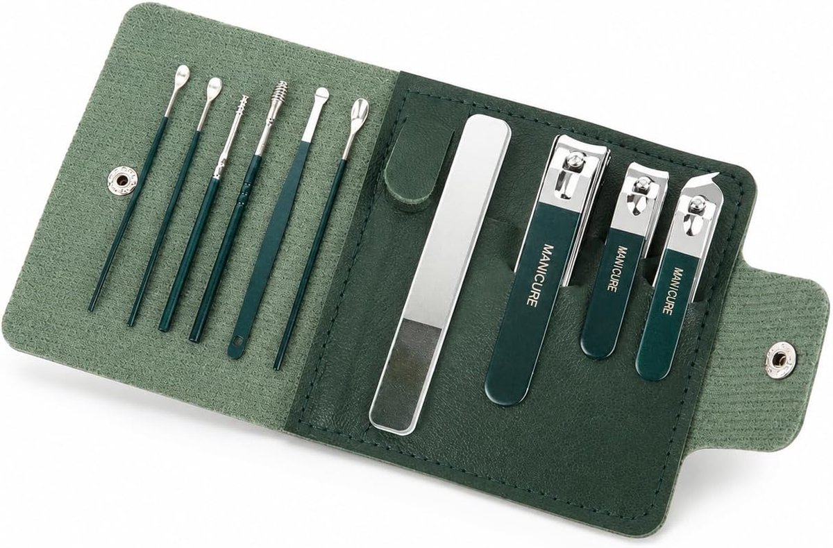 SnelShoppen - 10-delige Manicureset met Nagelknipper in Donkergroen Etui, Roestvrij Staal Nagelverzorgingsgereedschap voor Dames en Heren, Ideaal voor