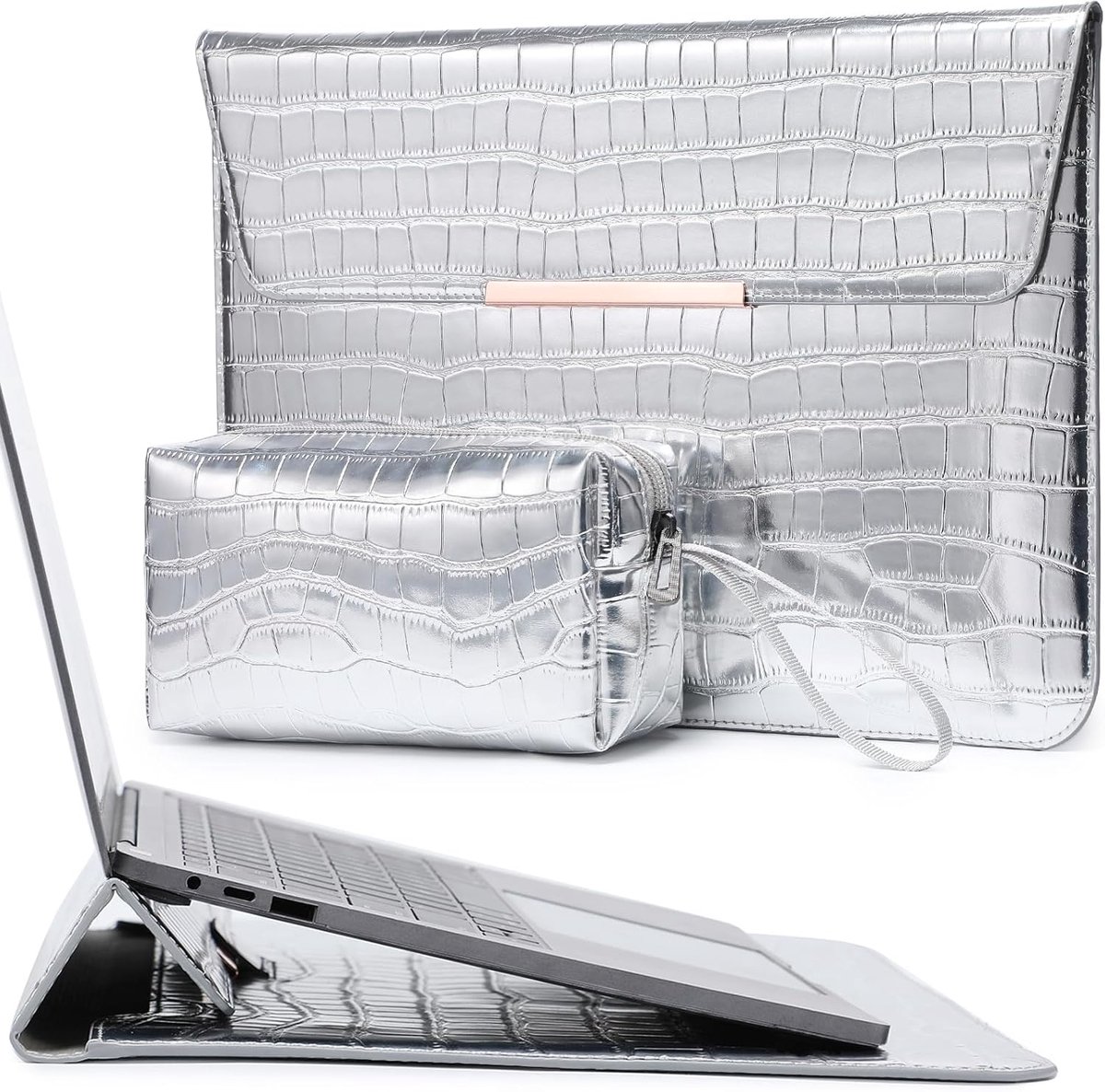 SnelShoppen - 13 Inch Laptop Sleeve met Stand voor MacBook Air/Pro, iPad Pro/Air, Surface Pro, XPS 13, Beschermhoes met Pouch, Zilver, Perfect voor Th