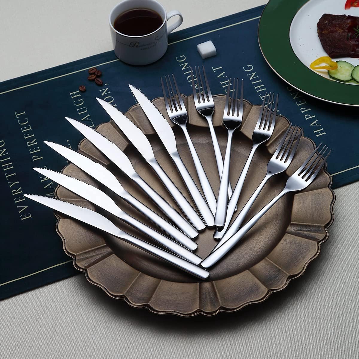 SnelShoppen - Steak Knife Set 12 Stuks, Premium Roestvrij Stalen 6 Dinner Forks en 6 Steak Messen, Glanzend Zilver, Afwasmachinebestendig, Ideaal voor