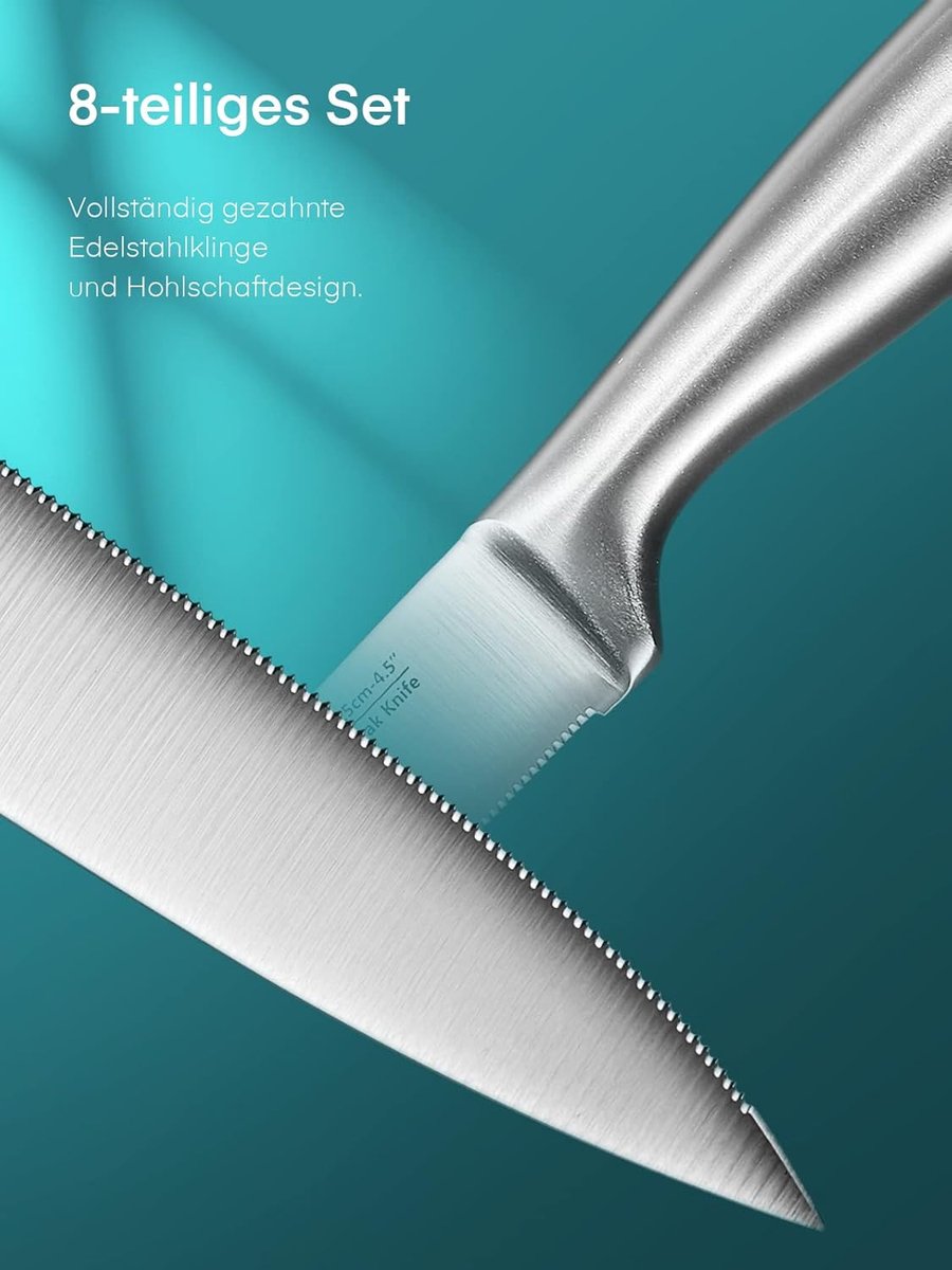 SnelShoppen - Set van 8 Steakmessen - RVS - Ergonomische Handgrepen - Extra Scherp - Grill Cutlery - Zilver - Voor Feest, Camping, Keuken