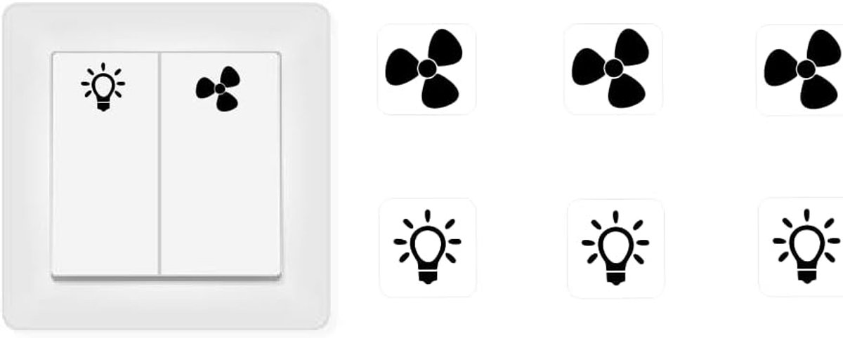 SnelShoppen - Switch Sticker Set 3x Ventilator en 3x Lamp Stickers Symbolen 15x15mm Transparant Waterproof Voor Binnen en Buiten