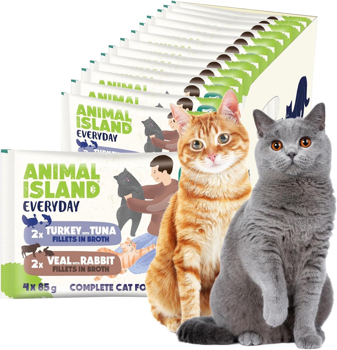 SnelShoppen - Natvoer voor Volwassen Katten Mix 4 x 85g - Kalfsvlees met Konijn & Kalkoen met Tonijn in Bouillon - Volledig Zonder Granen - Geschikt v