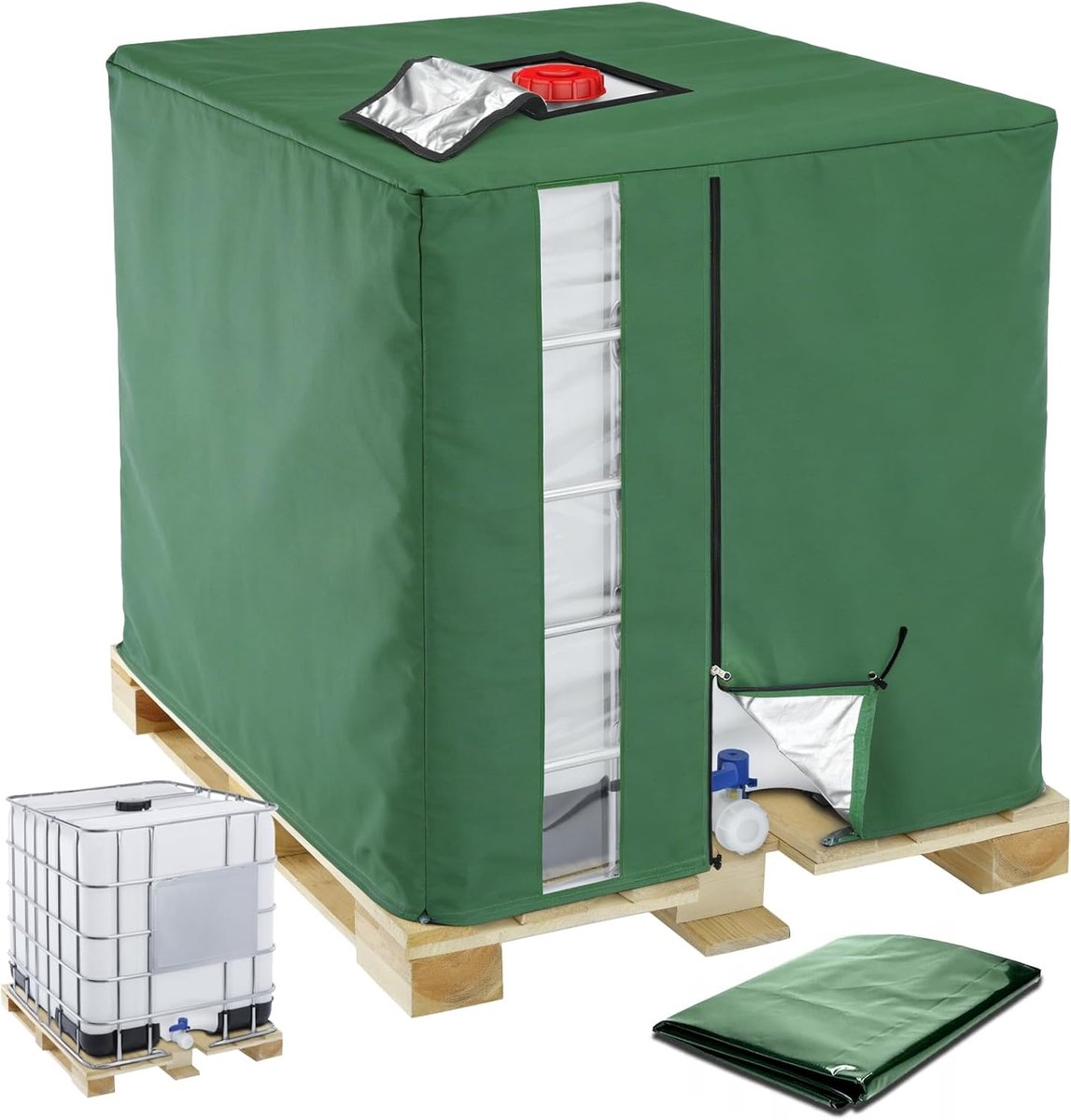 SnelShoppen - IBC Tank Cover 1000L - 420D Oxford - Waterdicht, UV Bescherming, Dustproof, met Kijkvenster - 120x100x116 cm - Groene Bescherming voor R