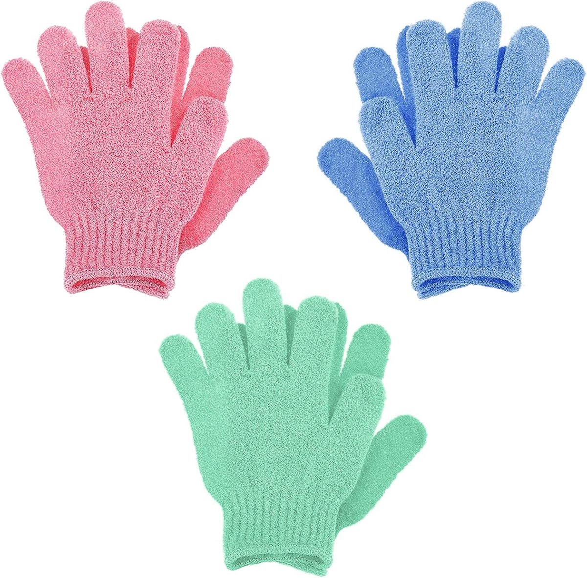 SnelShoppen - 6x Exfoliërende Scrub Handschoenen, Bamboe Lichaamspeeling, Dode Huid Verwijdering, Nylon, Kleur: Groen/Blauw/Roze, Voor Douche/Spa/Mass
