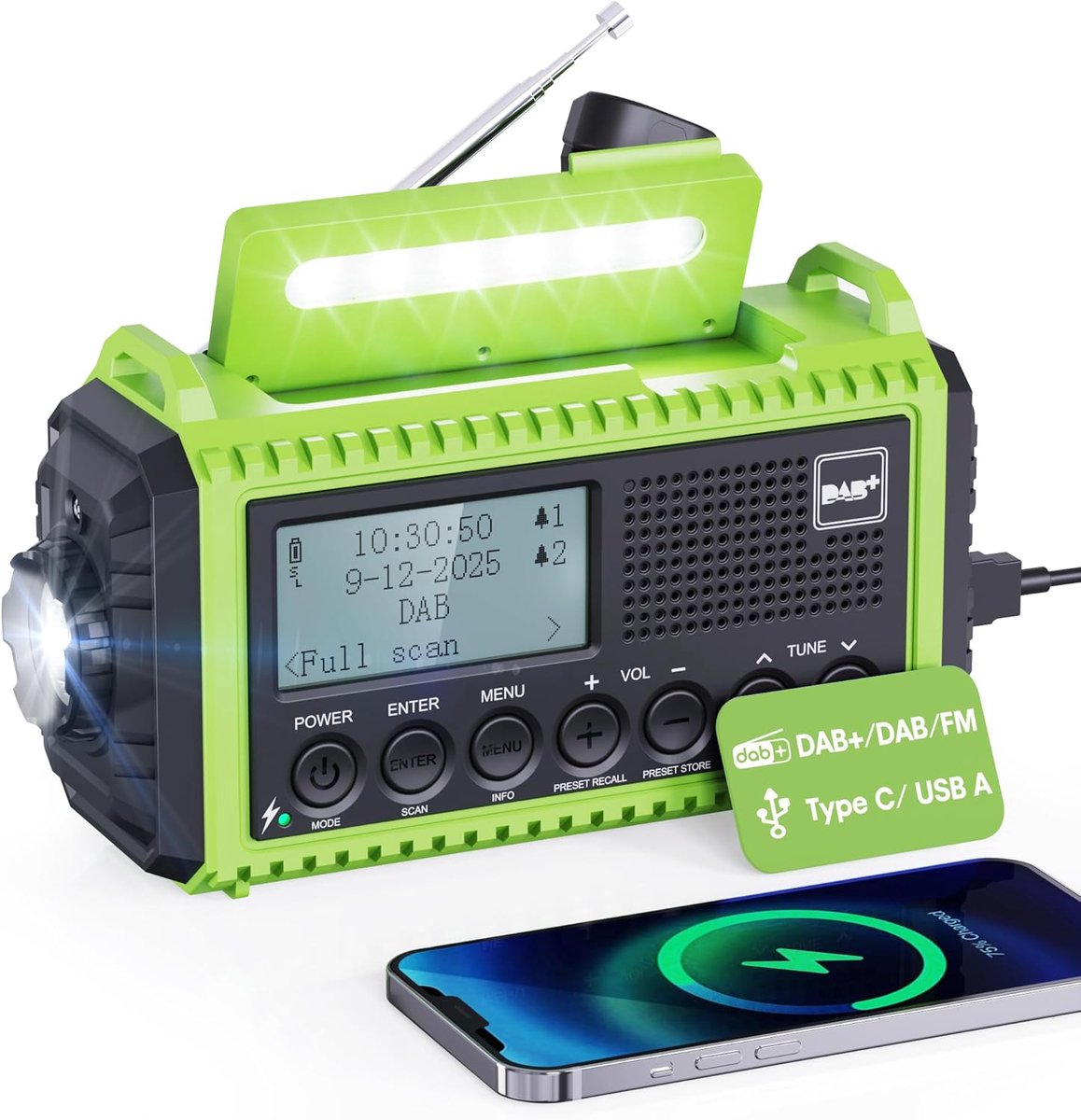 SnelShoppen - Crank Radio DAB/FM met 5000mAh Batterij, Draagbare Zonne-energie Radio met LED Zaklamp en Leeslampje, IPX4 Bouwplaats Radio, Noodradio m