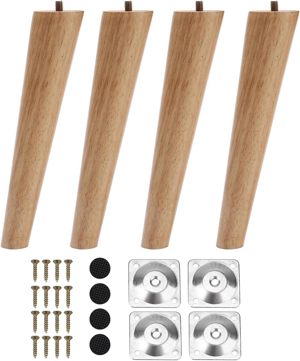 SnelShoppen - 4 Stuks Houten Meubelpoten 20cm Vervangende Poten voor Bank Stoel Tafel Bed Kast - Natuurlijke Kleur met Montageplaten en Schroeven