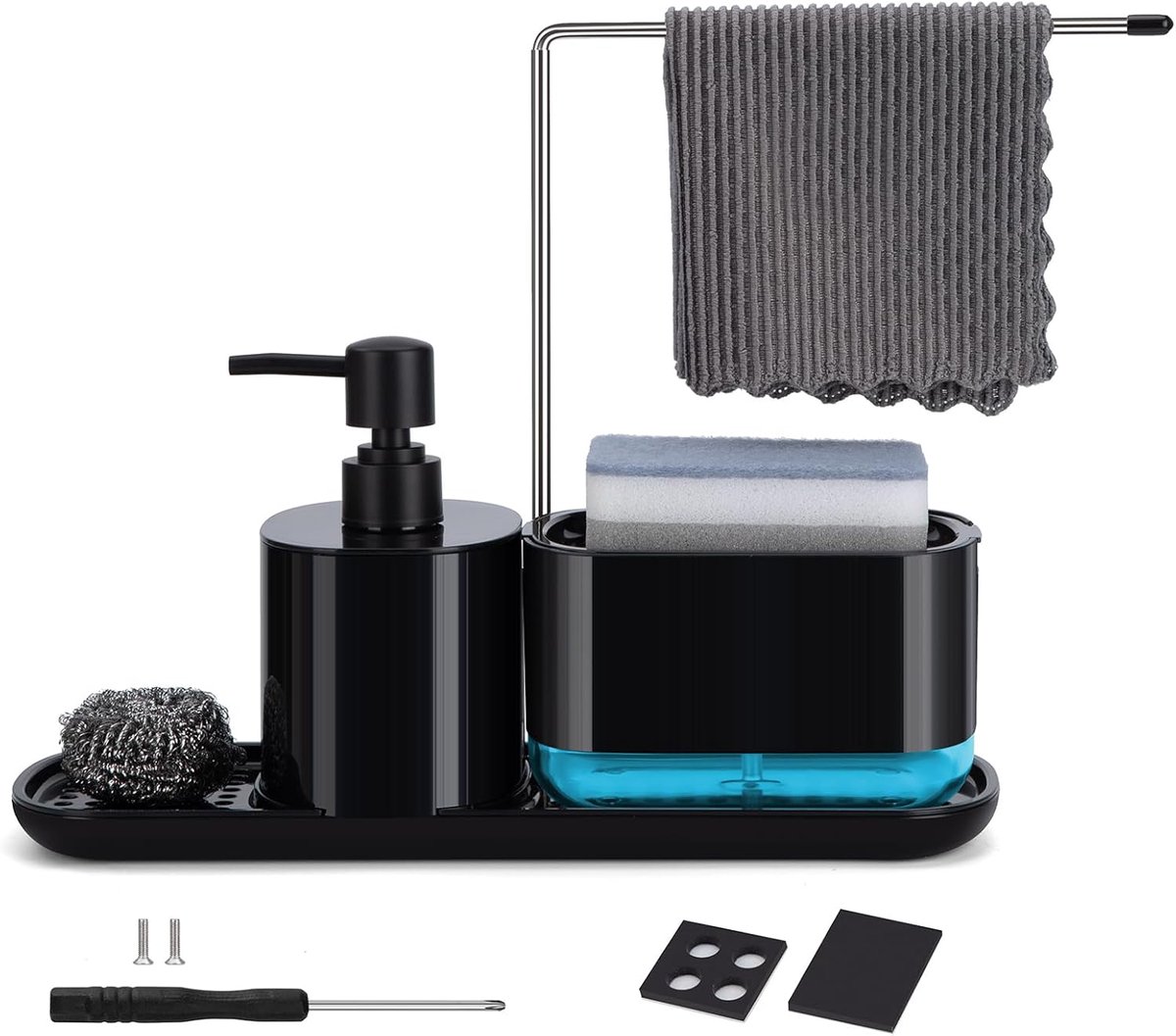 SnelShoppen - 4-in-1 Afwasmiddel Dispenser met Sponshouder voor Keuken, Herbruikbare Zeep Dispenser, Organiser voor de Gootsteen, Hoogwaardige Materia