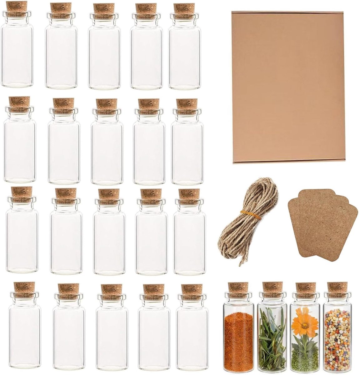 SnelShoppen - Pack van 20 Mini Glazen Flessen met Kurk 10ml - DIY Decoratie, Wensflesjes, Kleine Glazen Flessen voor Trouwerijen, Kerst en Keuken Krui