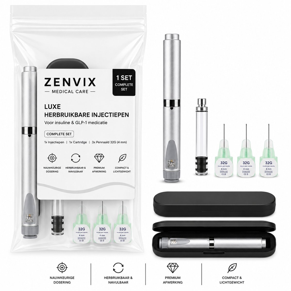 Zenvix® Luxe Herbruikbare Injectiepen voor Insuline & GLP-1 – Zilver - Insulinespuit - Injectiespuit met Naald - Insuline Naalden - Injectiespuit