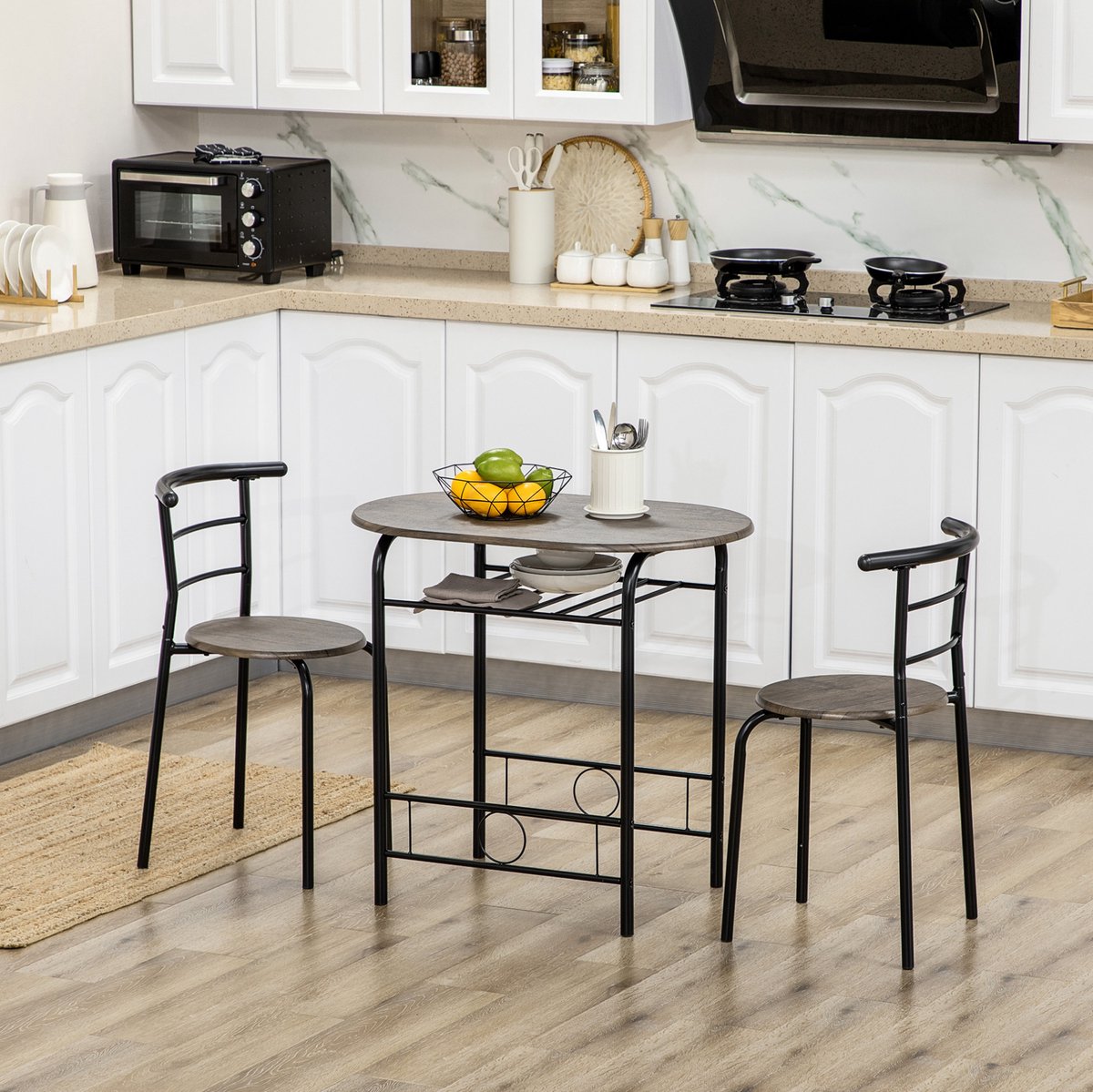 COVREO Bistroset 80 x 53 x 74,5 cm - zwart, MDF en metalen frame, met opbergplank en 2 sto
