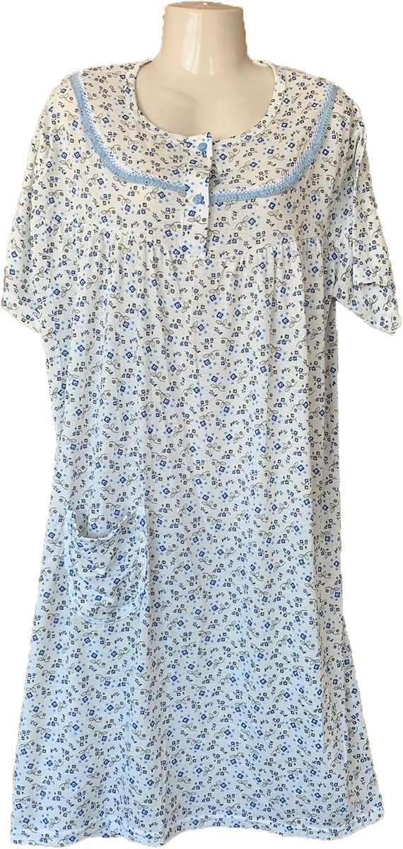 Gebloemde Dames Nachtjapon met Korte Mouwen - 100% Katoen stof - Kleur Blauw - Maat 2XL