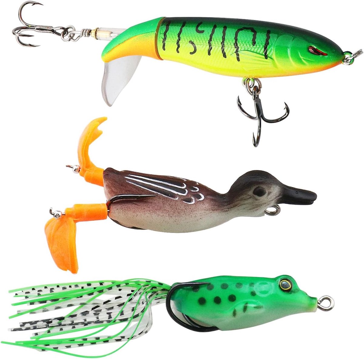 SnelShoppen - 3pcs Topwater Visserslures Set - 3D Eend, Kikker & Vissen Wobblers met Haak - Voor Vers- en Zoutwater - Ideaal voor Baars, Snoek, Snakeh
