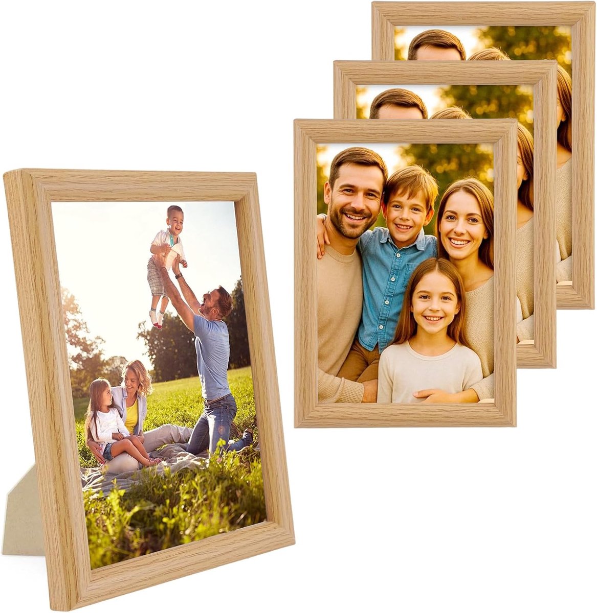 SnelShoppen - Set van 4 Houten Fotolijsten 13x18cm Eiken MDF Natuurkleur - Muur en Tafelfotolijst met Plexiglas Bescherming - Perfect voor Thuis, Fees
