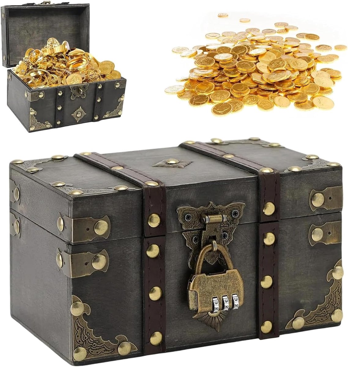 SnelShoppen - Houten Vintage Schatkist met Slot 18 x 11 x 10 cm - Piraten Schatkist voor Kinderen - Decoratieve Opbergdoos voor Sieraden en Speelgoed