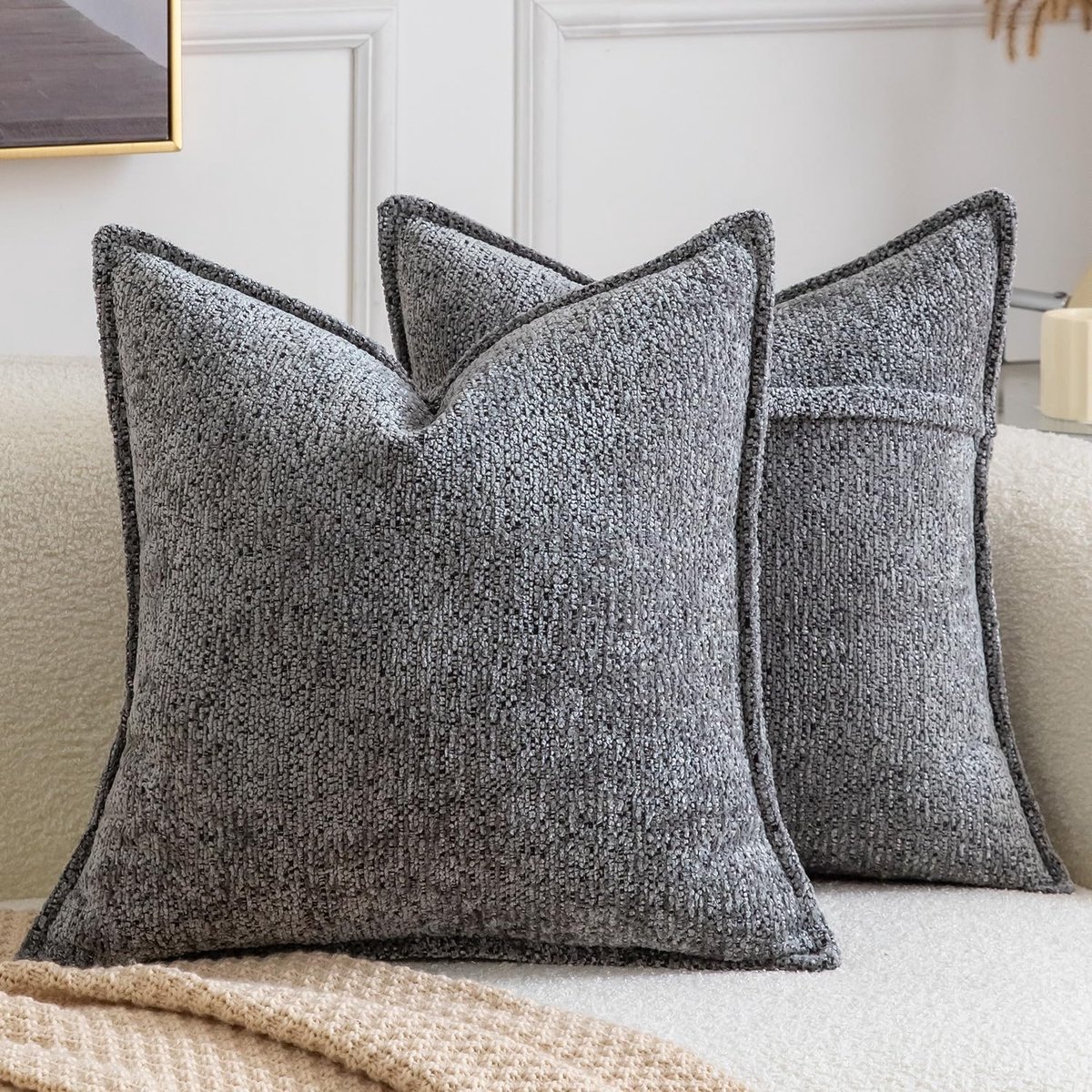 SnelShoppen - Set van 2 Decoratieve Kussenhoezen Boho Zacht Chenille Effen Kussenslopen 46x40 cm Donkergrijs voor Bank, Slaapkamer en Woonkamer