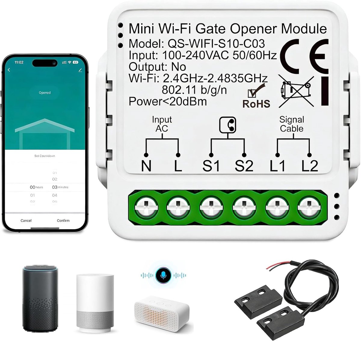 SnelShoppen - Wi-Fi Garage Deuropener, Slimme WLAN Garage Deuropener met App en Spraakbesturing, Timer en Deursensor, Compatibel met Alexa en Google H