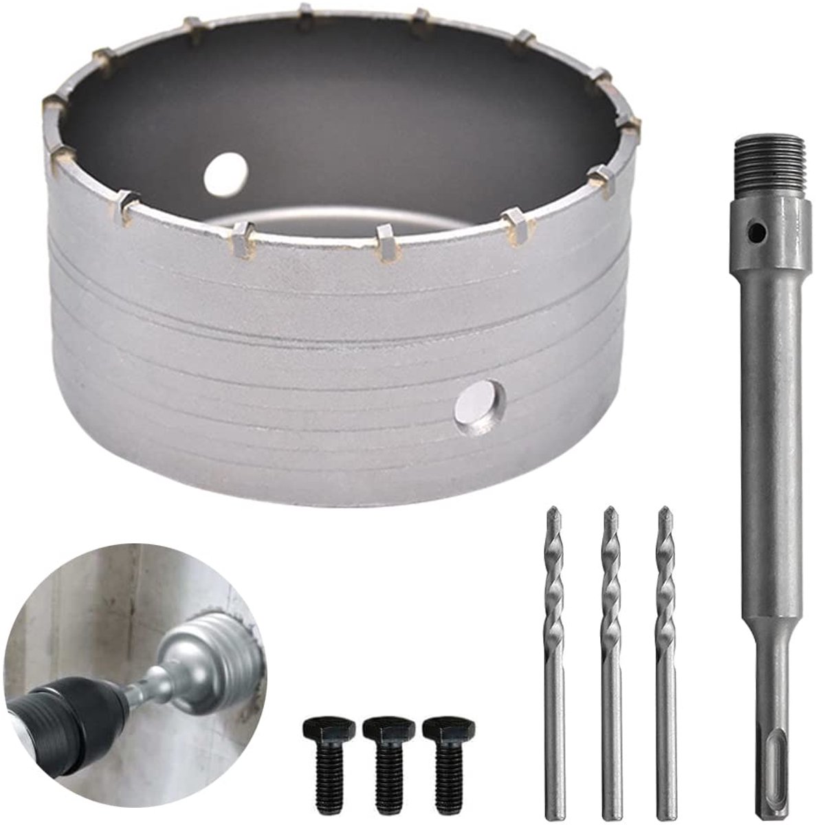 SnelShoppen - 4-delige boorbitset voor sockets 160 mm, inclusief 220 mm SDS plus adapter en 3 centreringsboren 110 mm, ideaal voor beton en metselwerk