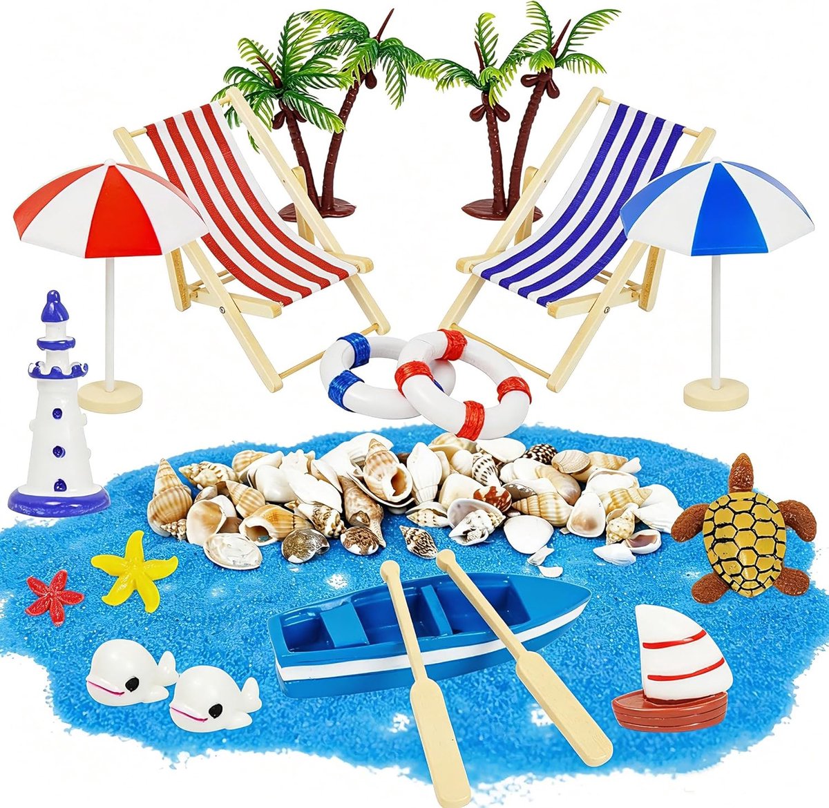 SnelShoppen - Stranddecoratie Miniatuurset 18 Stuks - DIY Microlandschap met Ligstoel en Mini-Palm - Perfect voor Zomerthemafeest en Strandvakantie