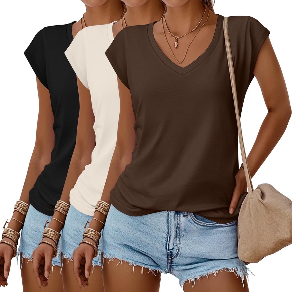 Set van 3 Dames V-Hals T-Shirts - Zomerse Casual Tops met Korte Mouwen - Basis T-Shirts voor Elke Gelegenheid
