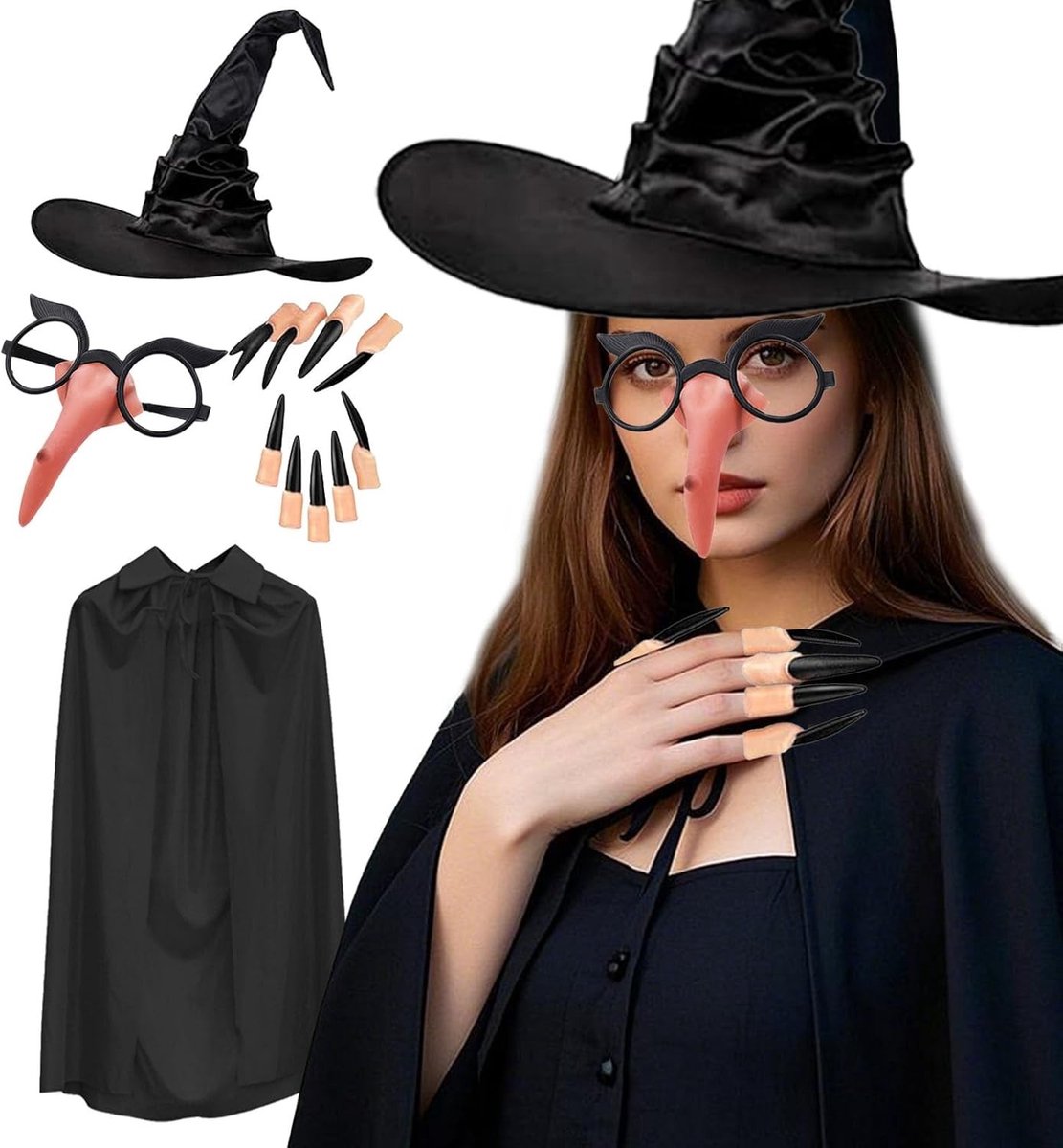 Halloween Kostuum voor Vrouwen met Cape, Hoed en Accessoires zoals Neus, Handschoenen en Nagels voor Cosplay en Feestjes