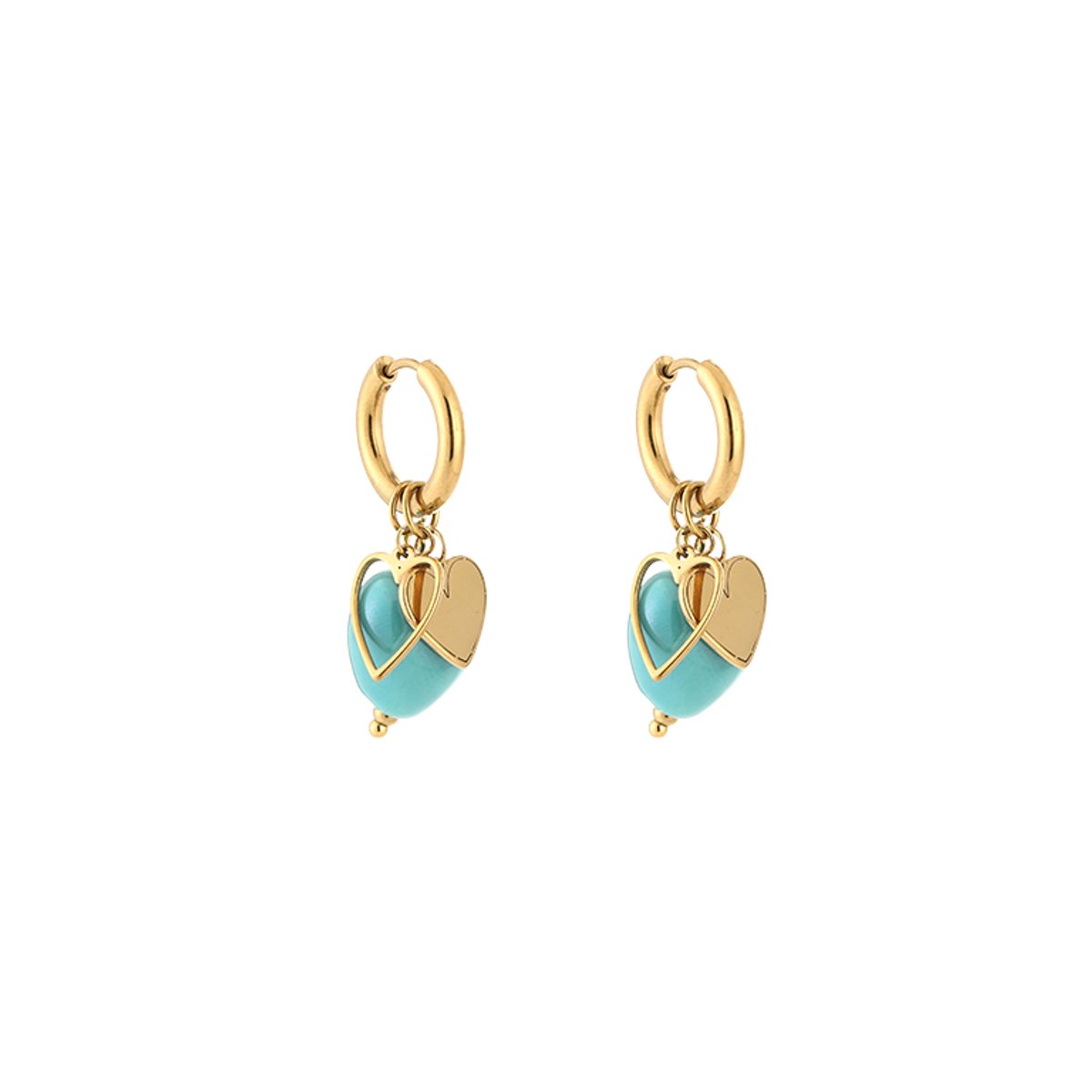 Stainless Steel Gewelfd Hart & Glanzende Kraal Bedel Oorringen – Trendy Multi-Charm Hoops – RVS - Goud/Groen