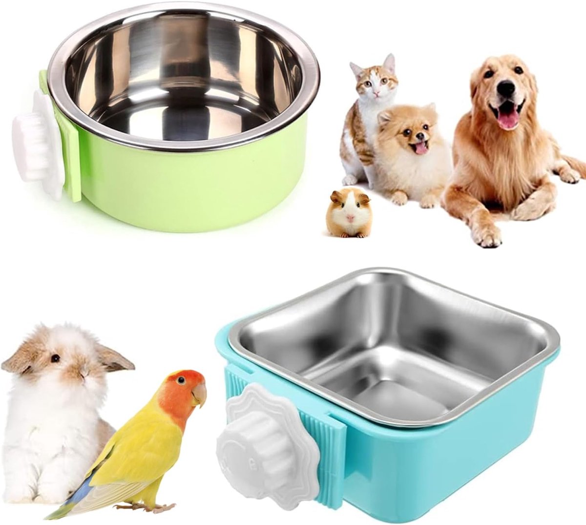 SnelShoppen - Pack van 2 Hangende Dierenbakken - Roestvrij Stalen Voer- en Waterbak voor Honden, Katten, Konijnen en Kleine Dieren - Verstelbare Beves