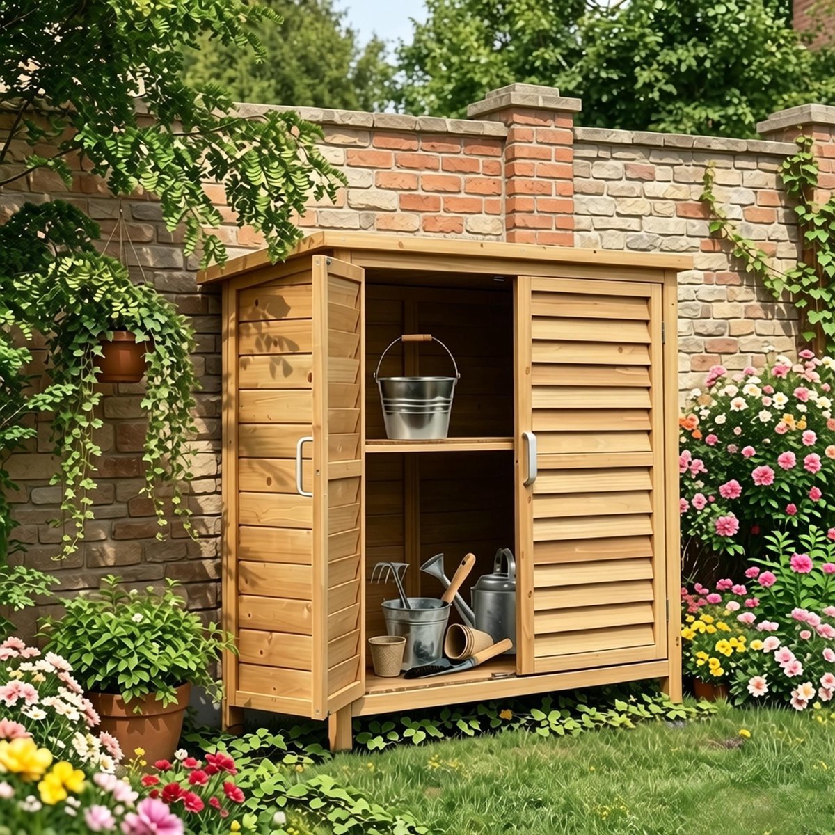 REDOM - Gartenschrank - Louvredeuren - Opbergkast met legplank - Waterbestendig bitumendak