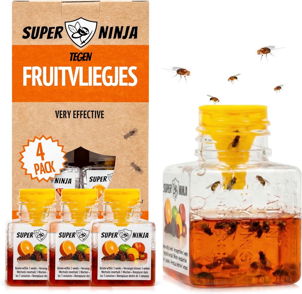 SnelShoppen - Super Ninja Fruitvliegjes Vanger voor Binnen - 4 stuks, Effectieve Fruitvliegenval, Tot 3 Weken Werking, Kind- & Huisdiervriendelijk voo