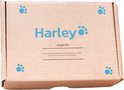 Bruine kartonnen verzenddoos met het Harley-logo en de tekst "Harley, Bringing happiness to pets and their owners with quality, innovative pet products!".